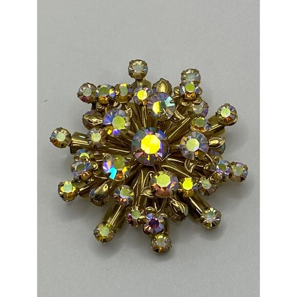 Vintage Gold-Tone Aurora Borealis Rhinestone Starburst Brooch Pin - Picture 1 of 11